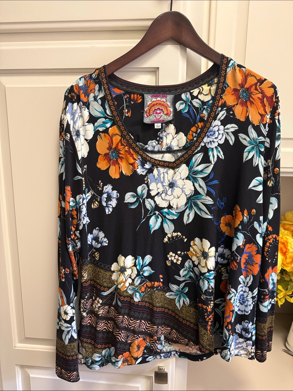 Johnny Was Black Floral Tunic with Orange & Blue Blooms